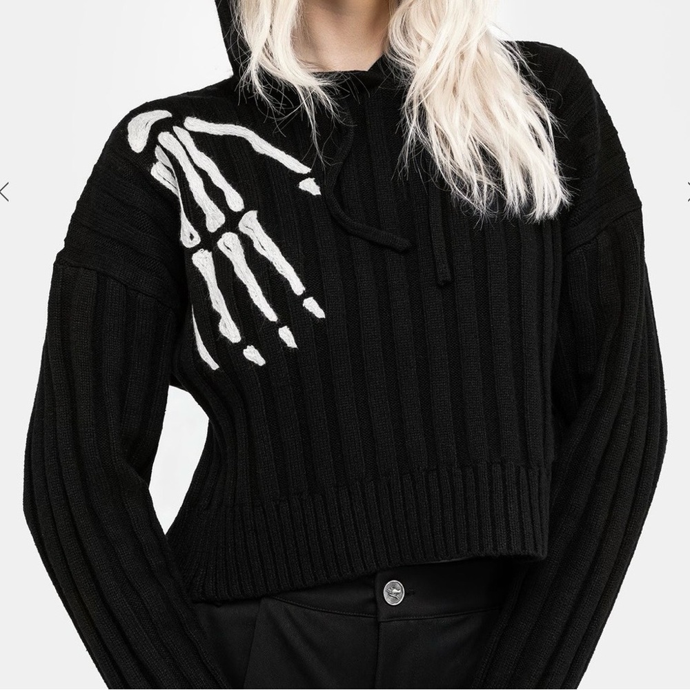Disturbia Volar Embroidered Knit Hoody Sweater Skeleton Hand